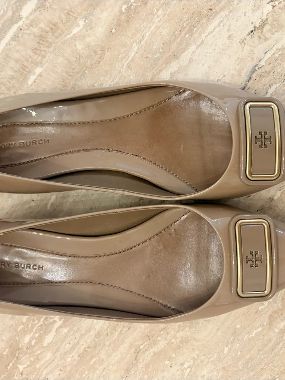 Tory Burch Georgia in Almond  Patent Leather Square-Toe Flats with Logo Plaque